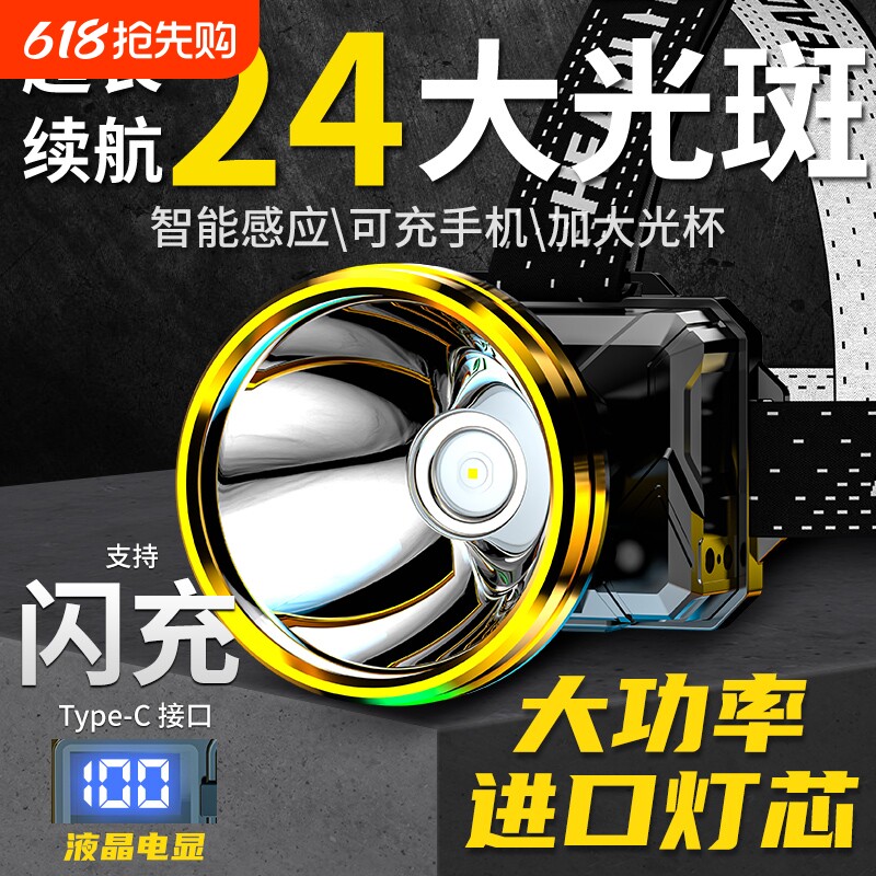 头灯2025新款强光超亮充电矿灯头戴式照明灯户外登山感应钓鱼专用