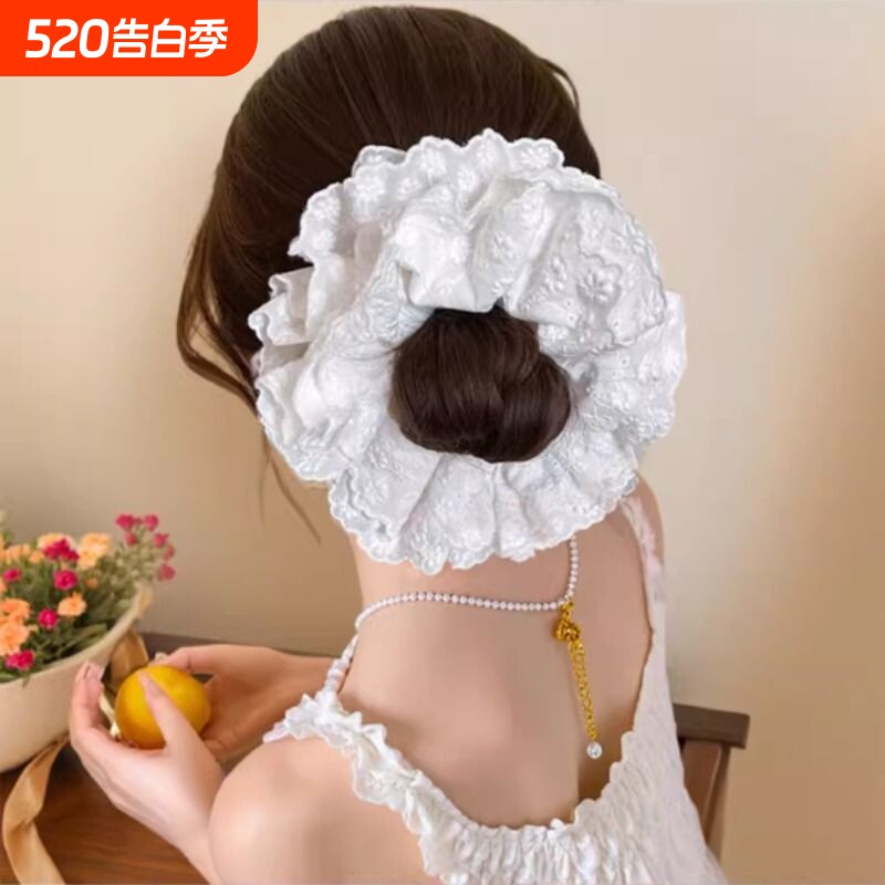 韩系白色双层蕾丝大肠发圈头绳女高级感温柔慵懒风丸子头发绳发饰