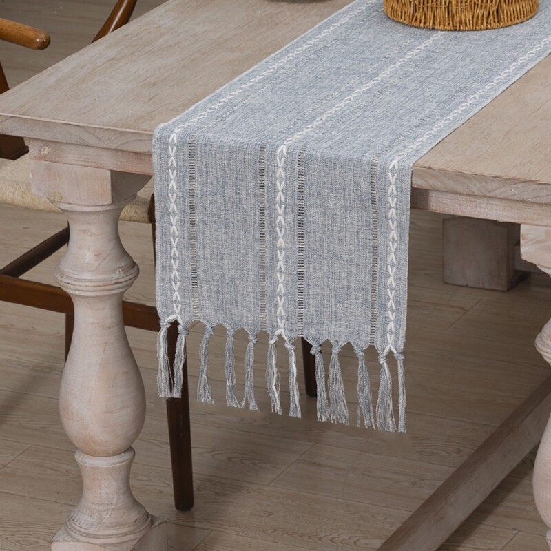 北欧条纹提花茶几桌旗流苏镂空提花时尚茶旗餐旗长条涤棉桌布厂家