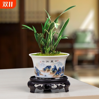 高温白瓷花盆陶瓷家用桌面盆三足有孔小号文竹绿植盆蕨类菖蒲盆栽