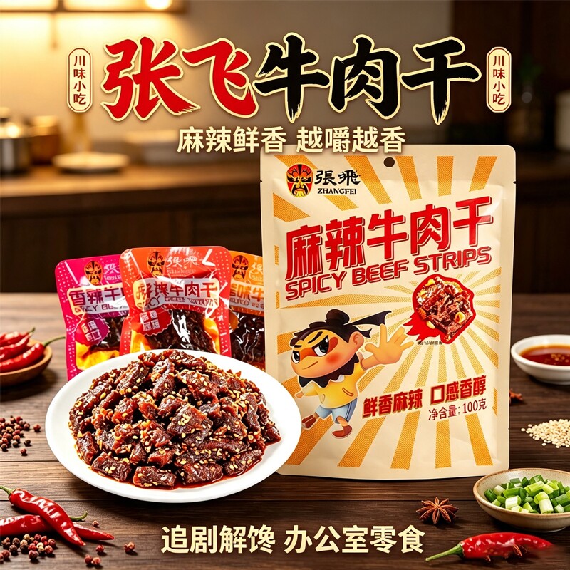 张飞麻辣牛肉干  办公室解馋零食 香辣牛肉条 成都特产非旗舰店