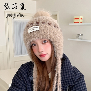 帽子女冬季毛绒保暖针织帽包头护耳显脸小毛线帽白色灰色新款氛围