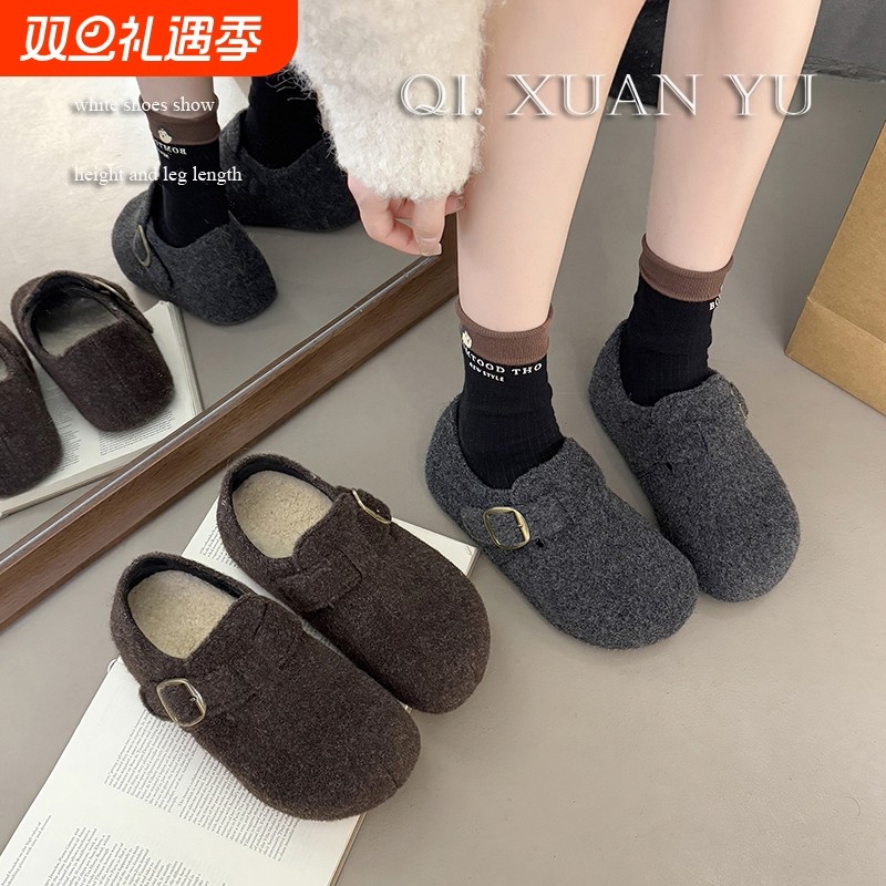 内增高加绒勃肯鞋女鞋子2025秋冬季保暖毛毛博肯鞋单鞋灰色毛绒