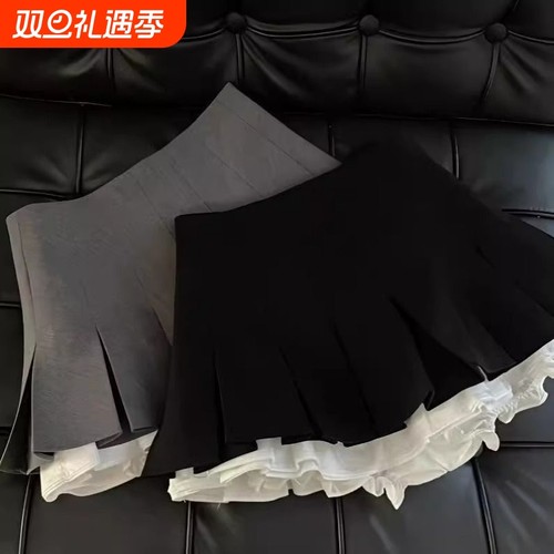 jennie同款拼接黑色百褶裙女2025春夏新款高腰显瘦辣妹a字半身裙