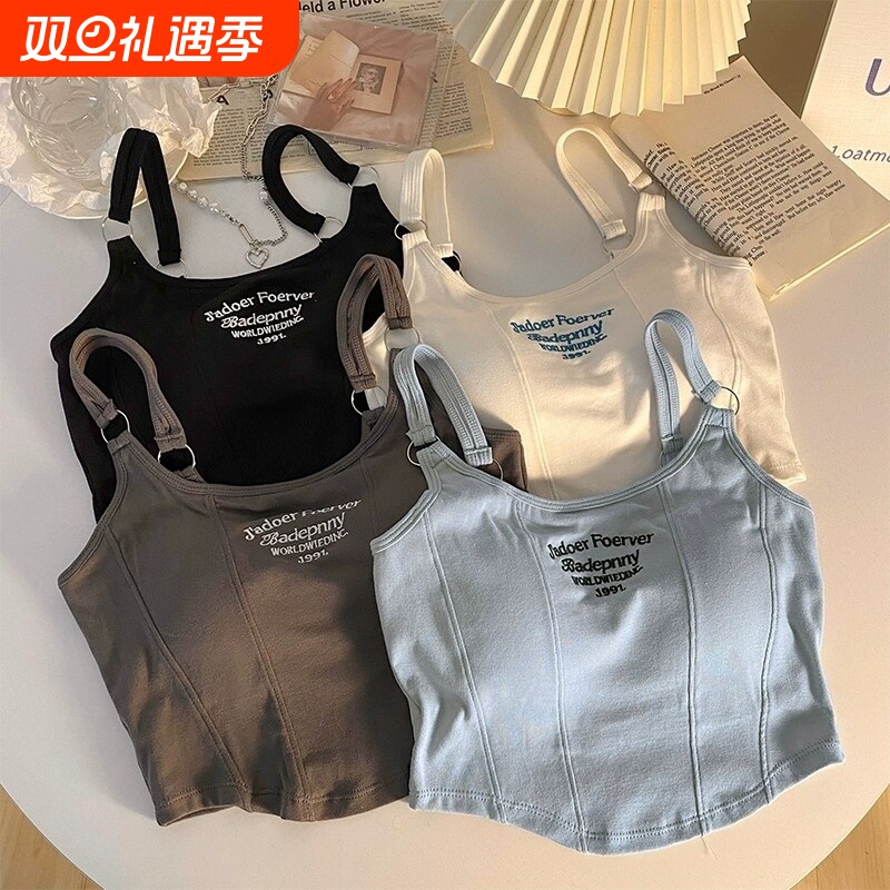 辣妹美式背心吊带内搭女夏外穿设计感小众短款上衣带胸垫印花自带