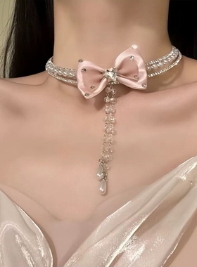 氛围感超仙绝美闪钻爱心蝴蝶结流苏项链女高级感锁骨链颈链choker