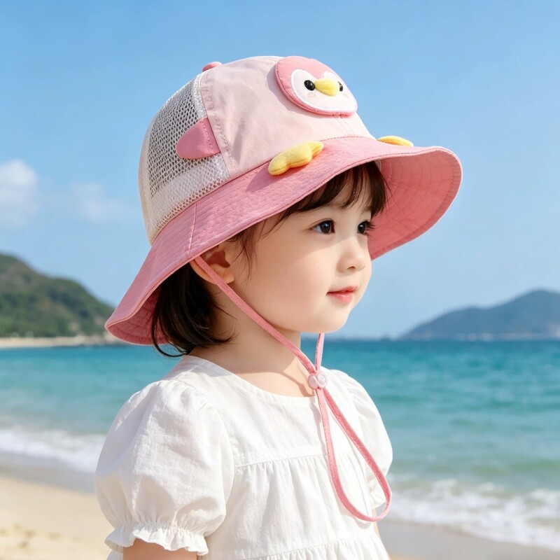 宝宝可爱企鹅渔夫帽婴儿春夏新款女孩透气网遮阳帽男童防晒帽儿童图片