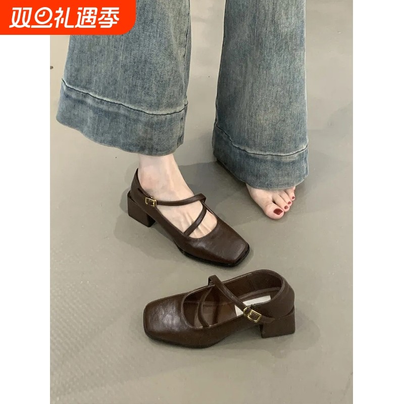 法式高跟鞋浅口粗跟单鞋女2025新款夏秋季配裙子乐福玛丽珍小皮鞋