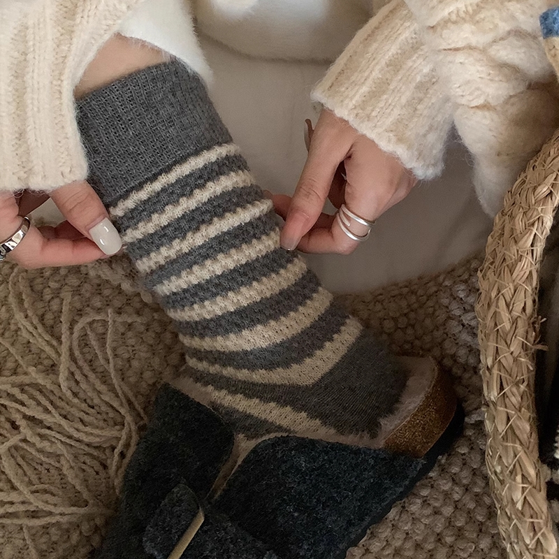 日系条纹复古堆堆加厚保暖中筒袜