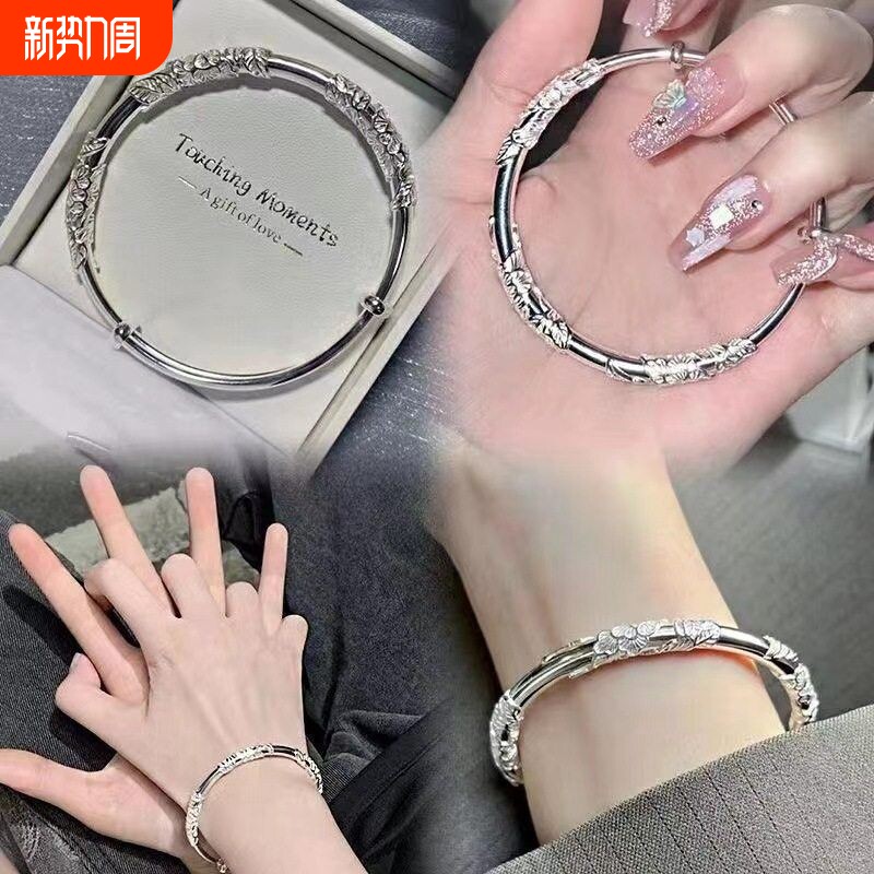 幂琳银手镯女纯银s999足银实心镯子年轻款银饰手链竹节新款满天星