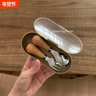 一木柠小熊木柄可立叉勺便携餐具儿童勺子叉子可爱宝宝饭勺旅行