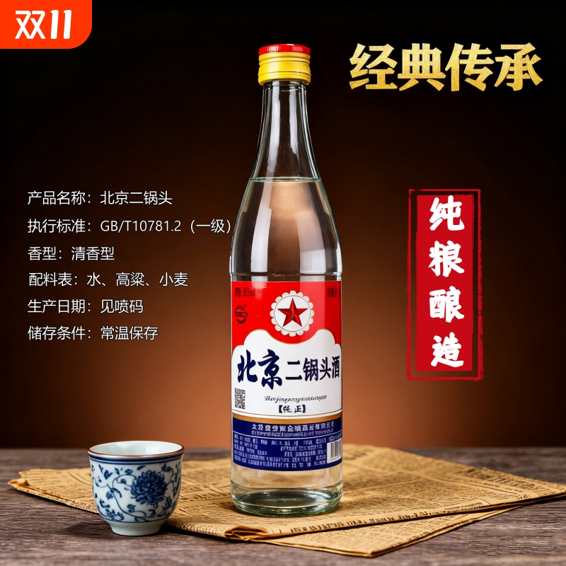 北京二锅头酒56度纯粮食酒官方正品口粮酒特价百年清香型500ml瓶