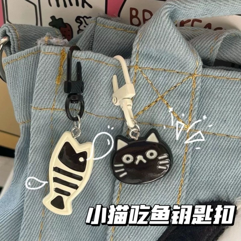 精致小猫吃鱼钥匙扣佛系黑白挂件书包闺蜜情侣挂饰小众学生饰品