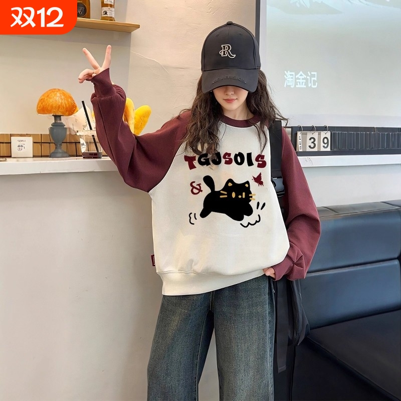 chic插肩袖卫衣女童冬季加绒宽松圆领无帽春秋打底衫黑色红色卡通