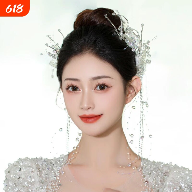 韩式新娘头饰水晶发夹蝴蝶流苏对夹主婚纱拍婚纱照旅拍发饰配饰品