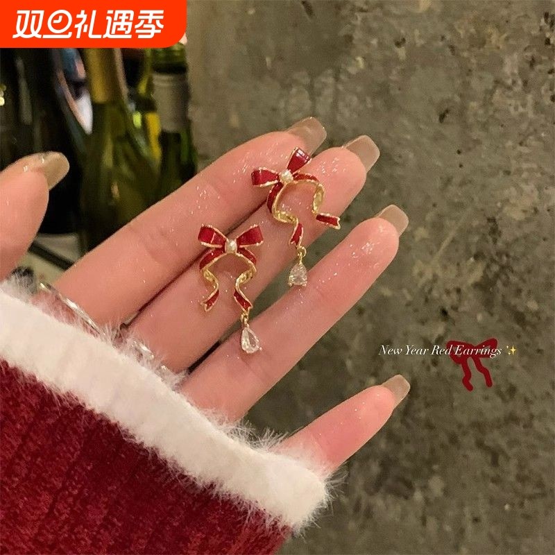 秋冬新年红色蝴蝶结飘带耳环锆石耳钉女耳饰轻奢高级感耳夹无耳洞