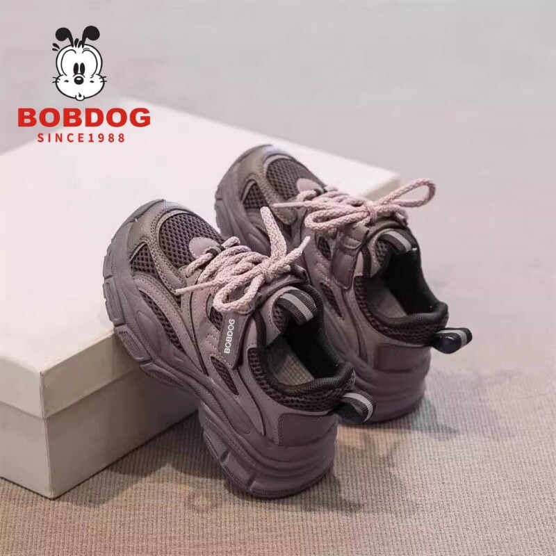 巴布豆真皮女童鞋2026款春秋季儿童网面透气运动鞋女孩软底老爹鞋