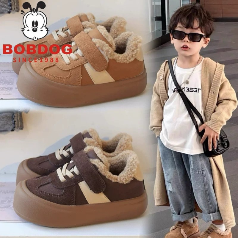 巴布豆男童棉鞋女童毛毛鞋2024新款冬季加绒儿童板鞋冬运动鞋二棉