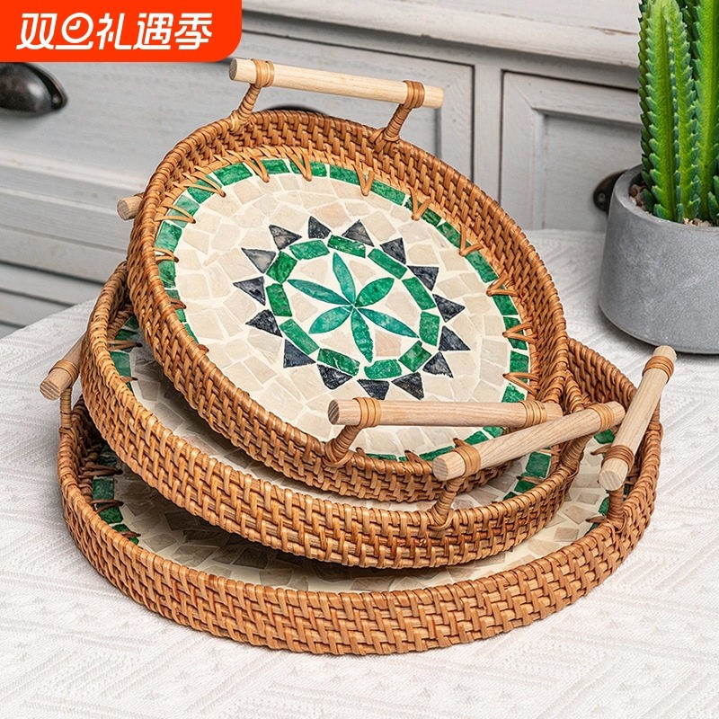 藤编贝壳圆盘深海彩贝提耳托盘双耳美食水果盘面包篮创意民宿茶盘