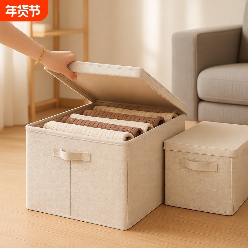 天山棉麻带盖收纳箱秋冬家用布艺衣柜衣服被子整理储物箱盒可折叠,收纳整理,收纳箱,淘宝优惠券,粉丝福利购,淘宝优惠卷