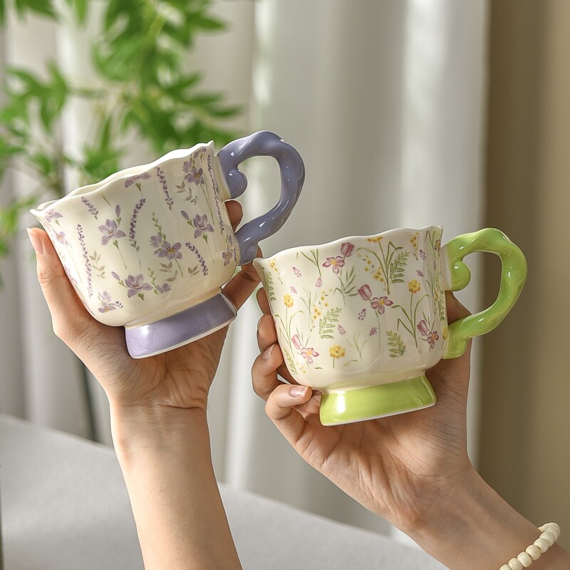 咖啡杯女士个人专用马克杯陶瓷高脚下午茶杯紫薇花新中式紫气新婚