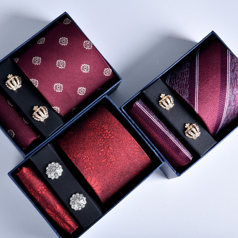 领带方巾袖扣男士红色结婚正装条纹新郎喜庆 3件套新款礼盒装批发