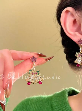 铃梦织锦~满锆蝴蝶结星星铃铛耳环女甜美气质耳钉圣诞节新年耳饰