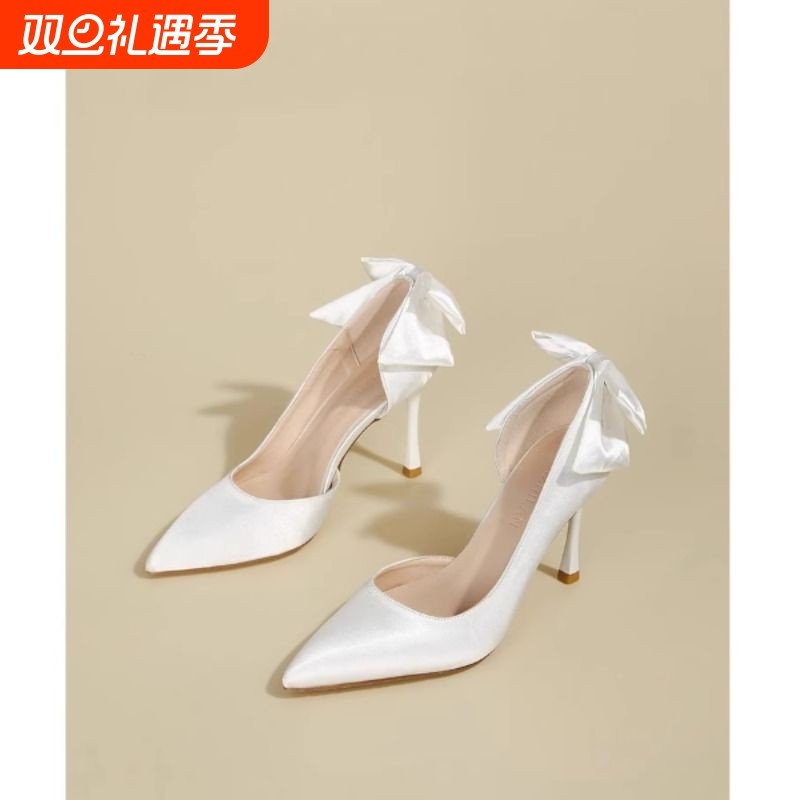 2025年新款法式高跟鞋女细跟绸缎白色浅口婚鞋高级感主婚纱新娘鞋