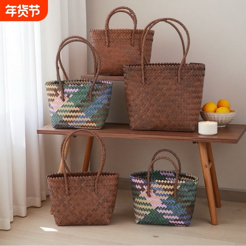 手工编织菜篮子竹节手提包草编包包复古大容量纯手工编织包时尚