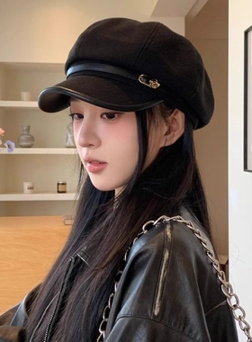日系复古黑色鸭舌贝雷帽女休闲百搭显脸小八角云朵帽子白色英伦风