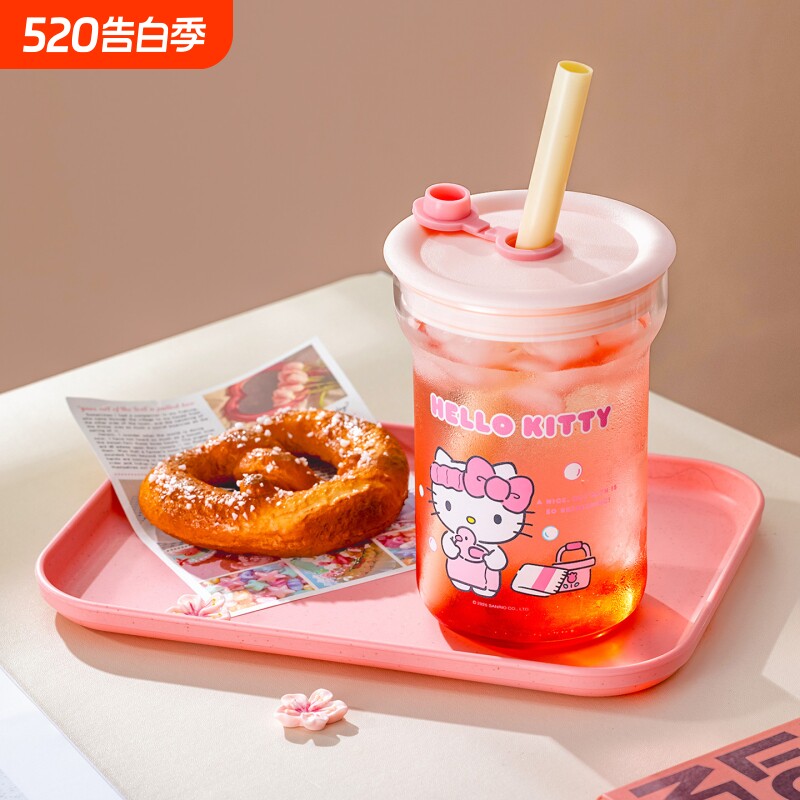 HelloKitty玻璃杯带吸管水杯可爱牛奶杯子女生喝水杯高硼硅