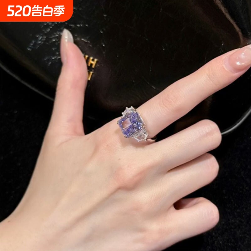 高级感新款戒子时尚方钻蓝宝石托帕指环气质设计感爆闪细款女款
