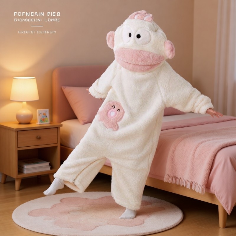 白色丑鱼儿童连体睡衣秋冬季珊瑚绒可爱搞怪连帽睡袍加厚保暖女孩