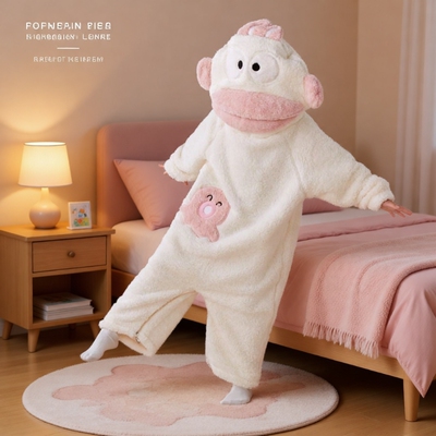 白色丑鱼儿童连体睡衣秋冬季珊瑚绒可爱搞怪连帽睡袍加厚保暖女孩