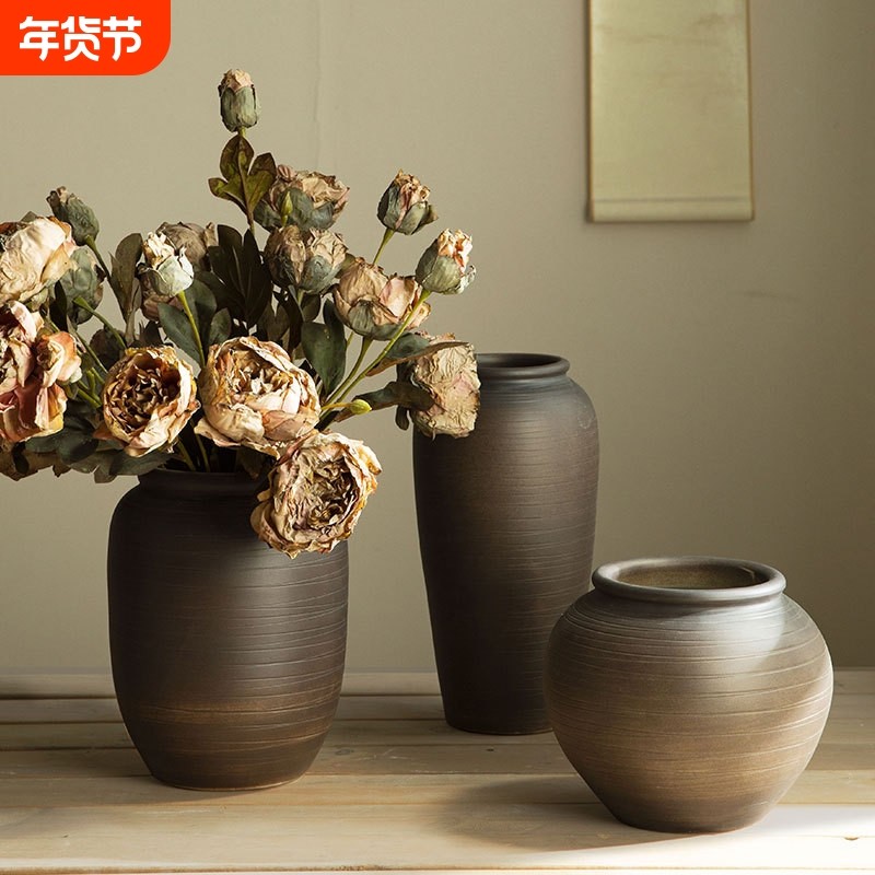 景德镇复古粗陶罐日式禅意手工花瓶螺纹花器家居客厅装饰插花花盆