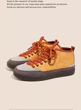 真皮时尚中高帮橙色学生德训鞋女2026春季新款百搭户外休闲帆布鞋