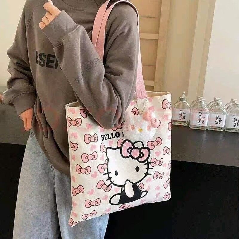 hellokitty猫卡通帆布包包女学生手提袋大容量通勤单肩托特包粉色