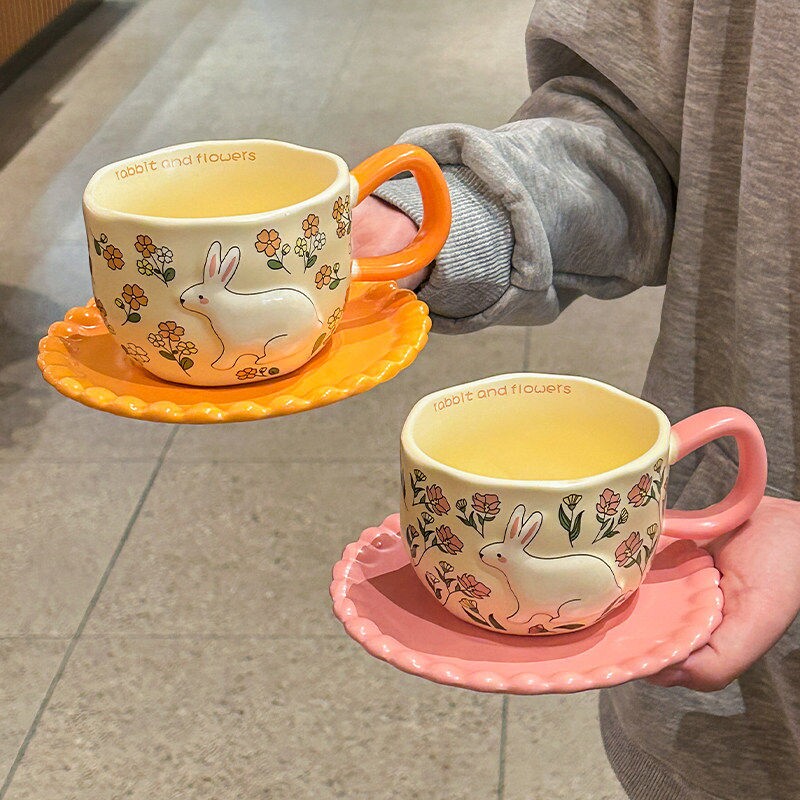 高颜值可爱花田兔咖啡杯碟礼盒套装下午茶陶瓷马克杯女生生日礼物