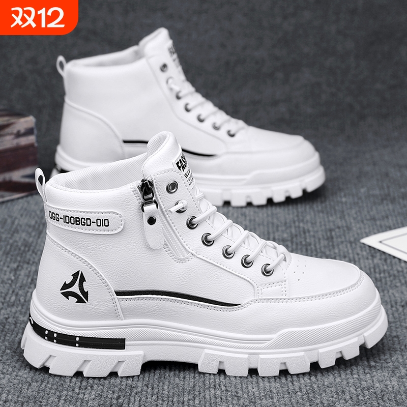 啄木鸟马丁靴男鞋春季2025新款白色皮鞋男士侧拉链高帮工装小白鞋