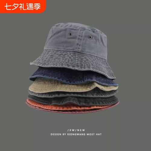 水洗牛仔渔夫帽女夏季遮阳防晒显脸小水桶盆帽大头围帽子可折叠