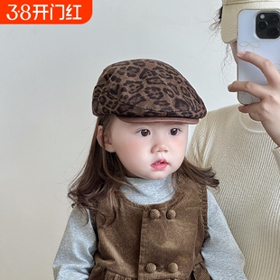 儿童帽子春秋款洋气豹纹前进帽男女宝宝反戴贝雷帽小孩复古画家帽