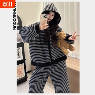 女士连帽家居服可外穿 韩版 半边绒睡衣女秋冬季 加绒加厚珊瑚绒套装
