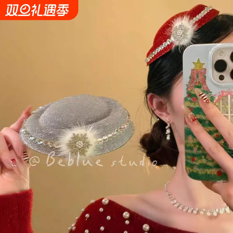 星尘礼遇~红色闪钻小礼帽发夹女2025新款高端圣诞节新年发饰配饰
