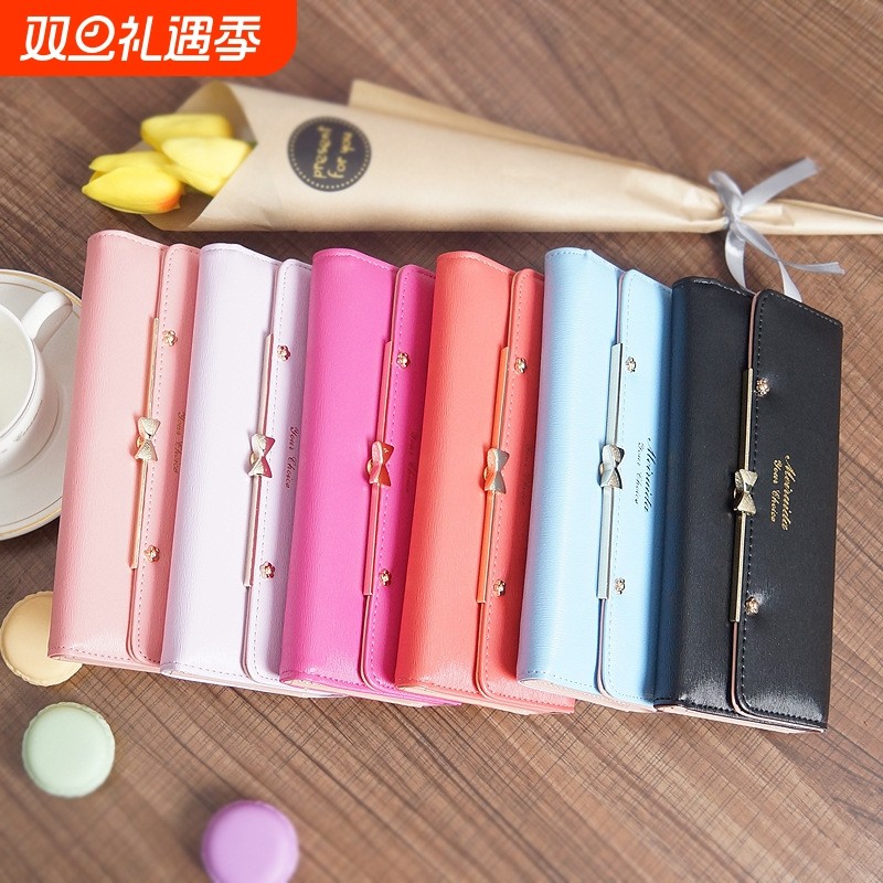 批发2025新款女士钱包韩版搭扣可爱女学生钱包蝴蝶结长款铆钉钱夹