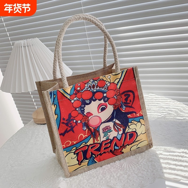中国风简约麻布包女手提包潮流卡通文艺手拎零食袋小饭盒便当包
