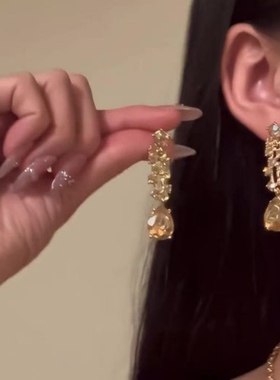 法式宫廷风黄色闪钻项链复古重工精致华丽轻奢锁骨链叶子水滴形