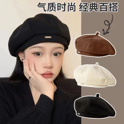黑色贝雷帽女秋冬款2025新款ins画家帽显脸小八角帽子大头围秋冬
