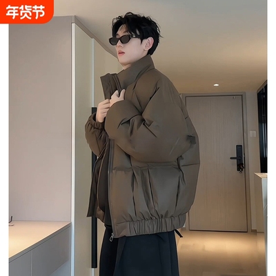 户外美式方格pu皮羽绒服男生冬季加厚立领面包服cleanfit短款棉衣