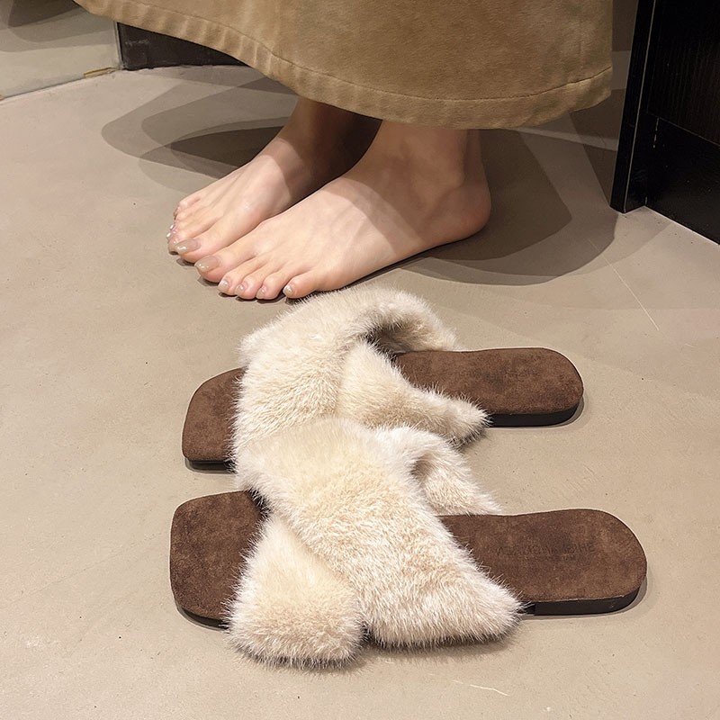 网红交叉平底毛毛拖鞋女外穿2025新款秋季方头一字懒人家居棉拖鞋,女鞋,毛毛鞋,淘宝优惠券,粉丝福利购,淘宝优惠卷
