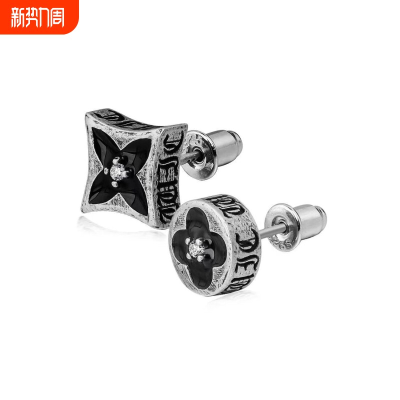 925银针珐琅刻雕四叶花耳钉时尚潮流饰品耳环好友礼物